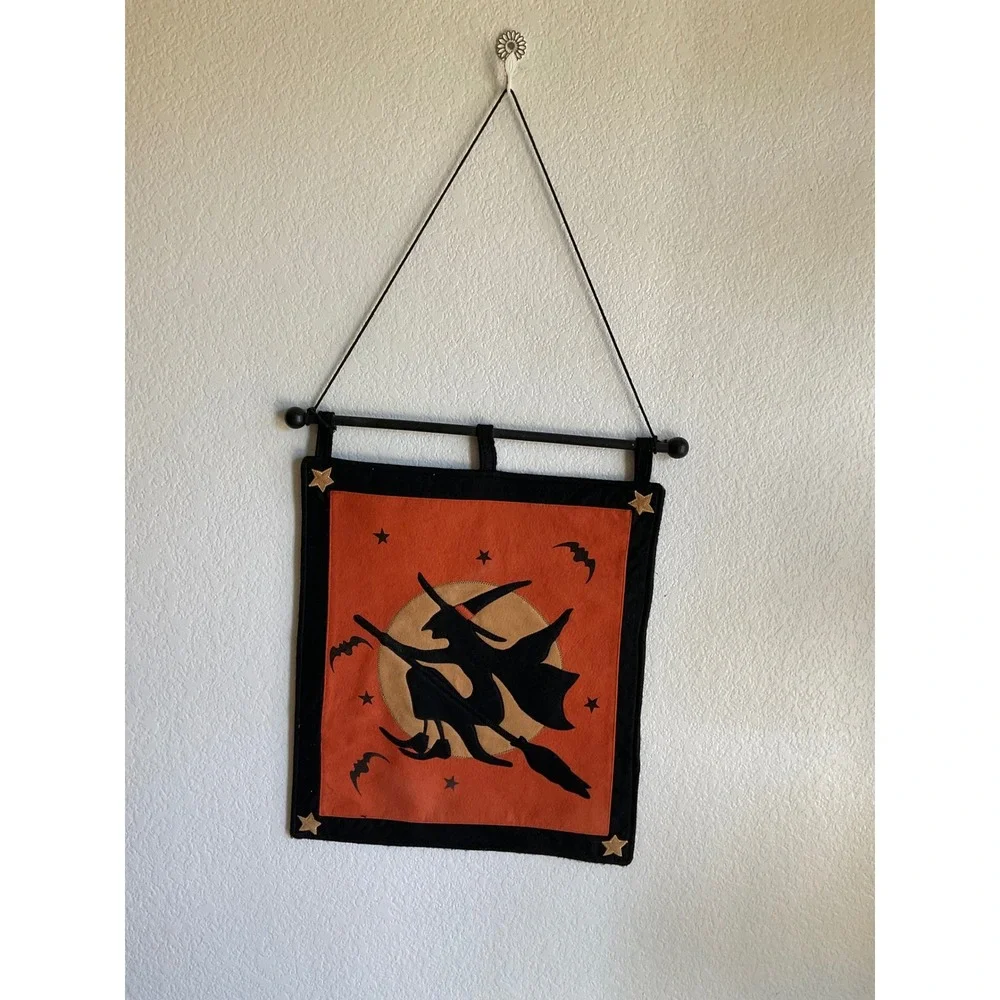 Halloween Witch Moon Felt Wall Hanging Banner Primitive Spooky  Orange Black
